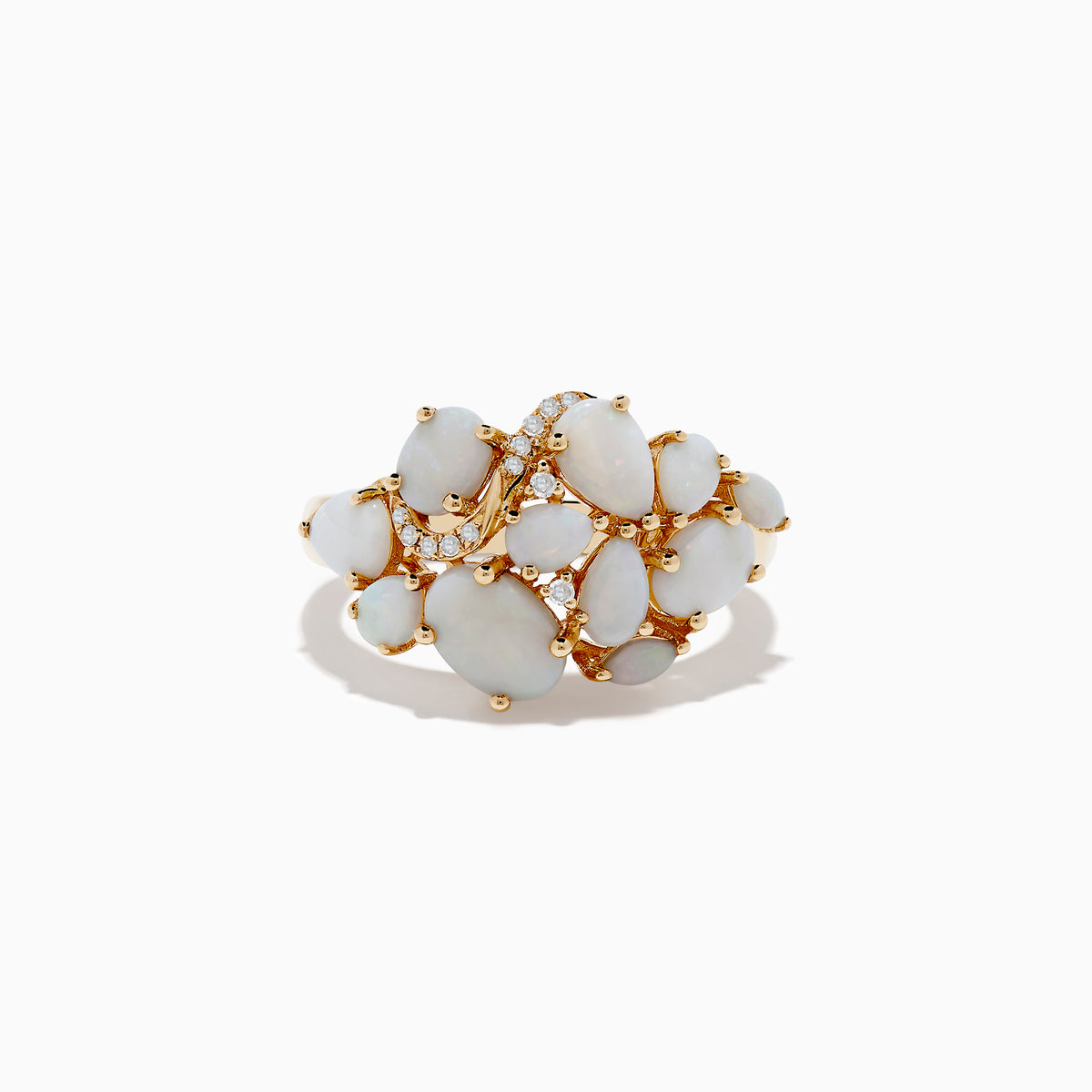 The Aurora 14K Yellow Gold Opal and Diamond Ring features oval and round opals accented with sparkling diamonds, displayed on a white background—a stunning choice for any occasion.