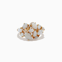 The Aurora 14K Yellow Gold Opal and Diamond Ring features oval and round opals accented with sparkling diamonds, displayed on a white background—a stunning choice for any occasion.