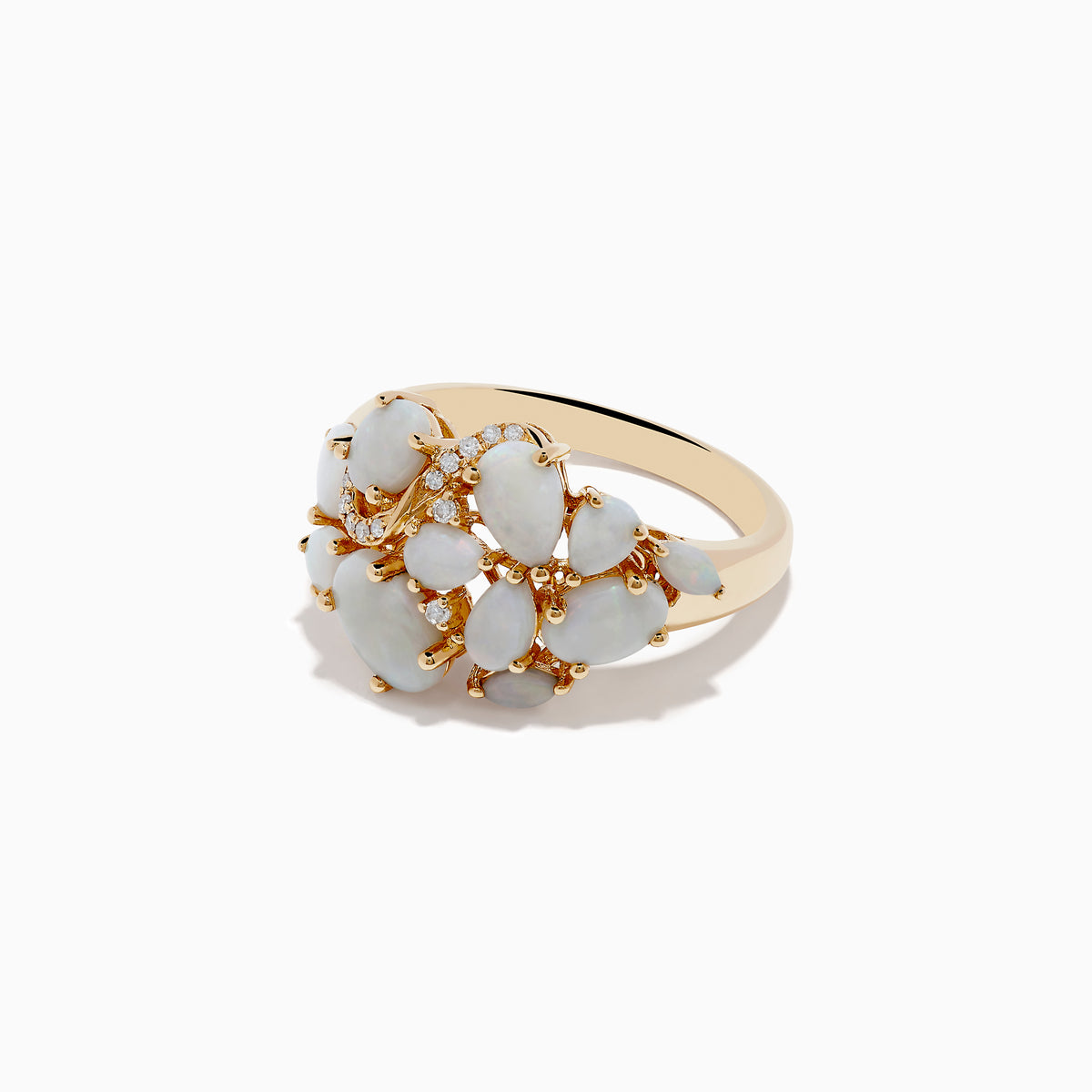 The Aurora 14K Yellow Gold Opal and Diamond Ring features oval and round opals accented with sparkling diamonds, displayed on a white background—a stunning choice for any occasion.