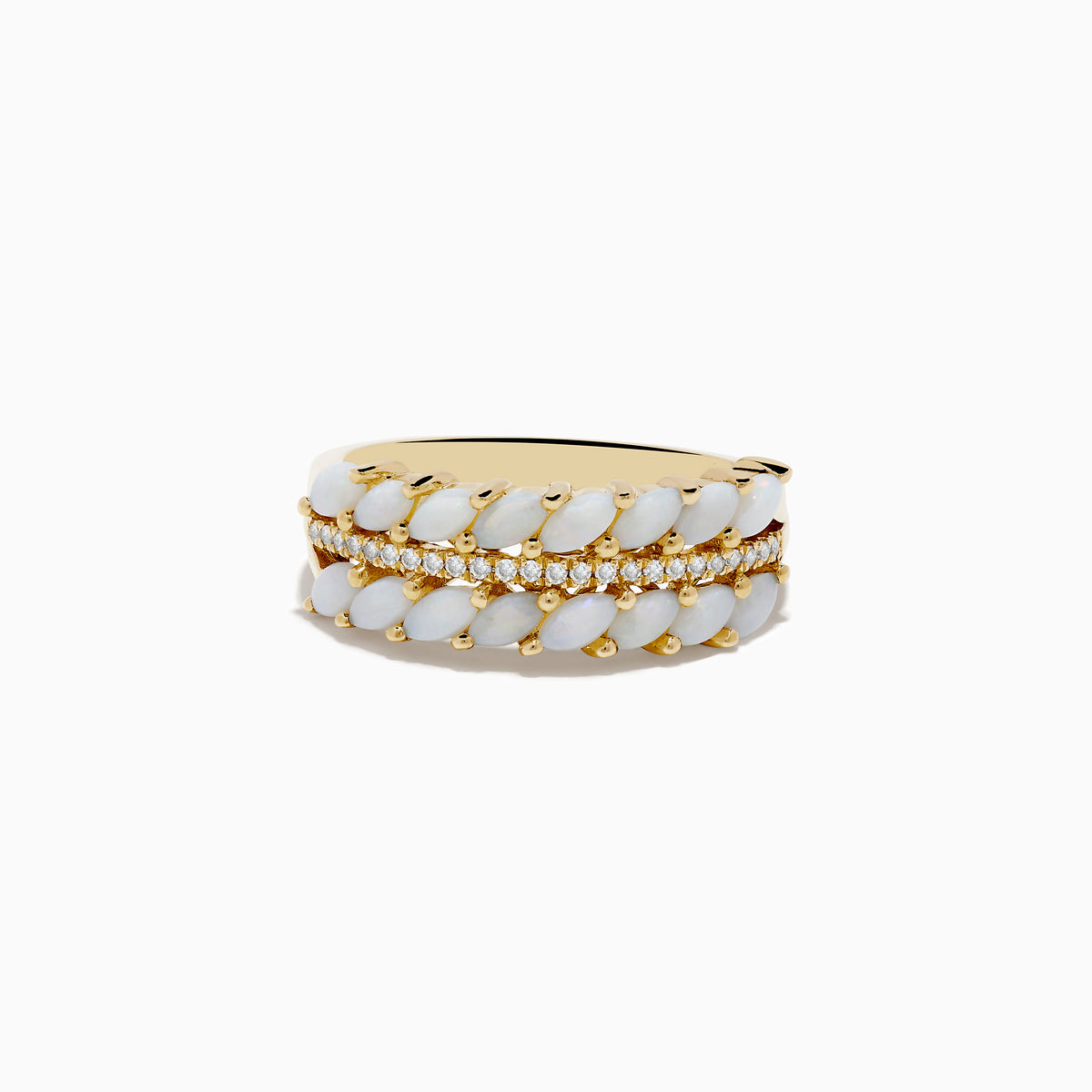 The Aurora 14K Yellow Gold Opal and Diamond Ring showcases elegant yellow gold with sparkling diamonds and opal accents for a timeless, radiant look.