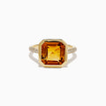 The Sunset 14K Yellow Gold Citrine and Diamond Ring showcases a large square-cut citrine center and small diamonds along the band, displayed on a plain white background.