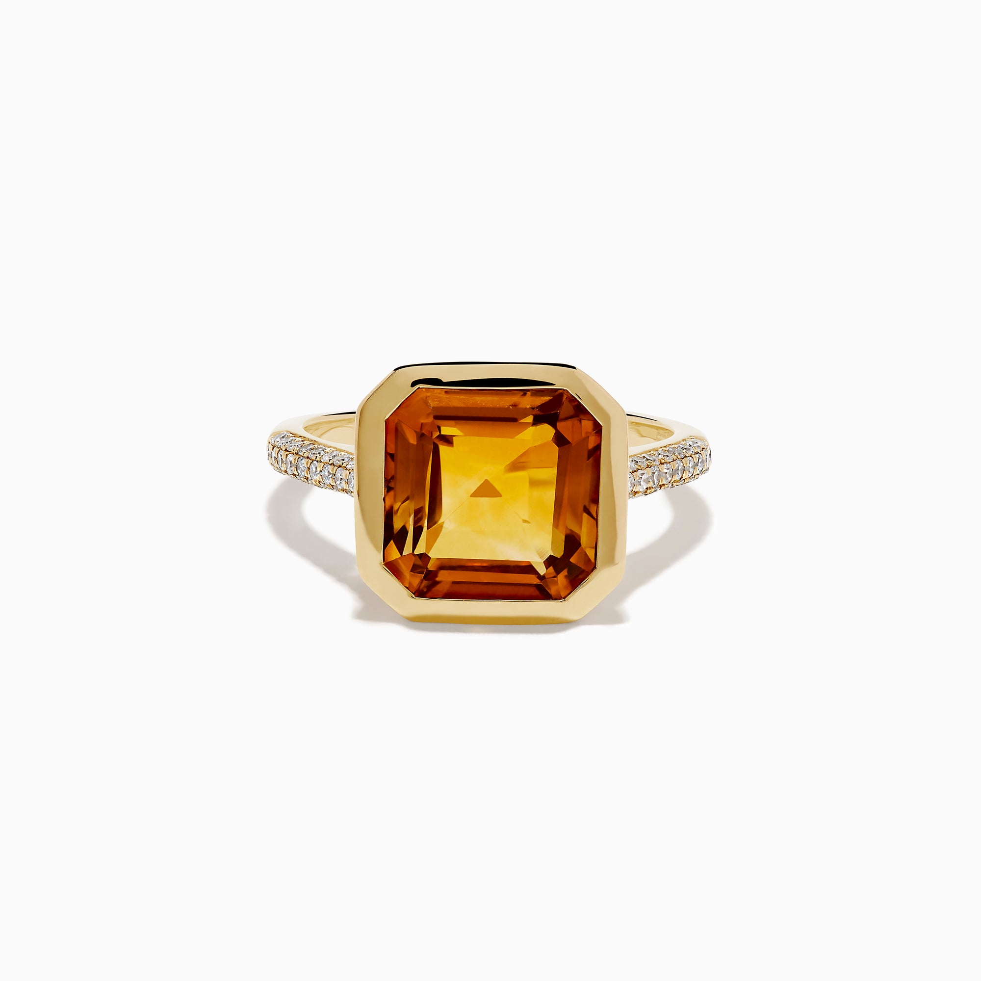 The Sunset 14K Yellow Gold Citrine and Diamond Ring showcases a large square-cut citrine center and small diamonds along the band, displayed on a plain white background.
