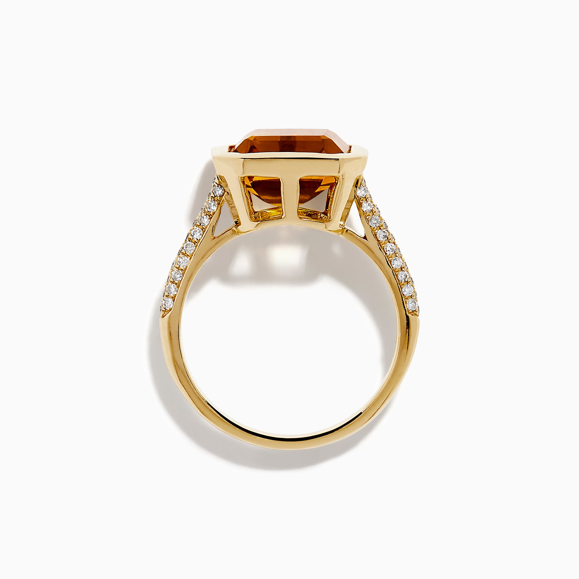 The Sunset 14K Yellow Gold Citrine and Diamond Ring showcases a large square-cut citrine center and small diamonds along the band, displayed on a plain white background.