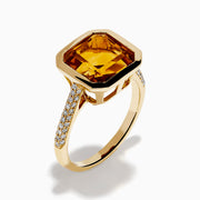 The Sunset 14K Yellow Gold Citrine and Diamond Ring showcases a large square-cut citrine center and small diamonds along the band, displayed on a plain white background.