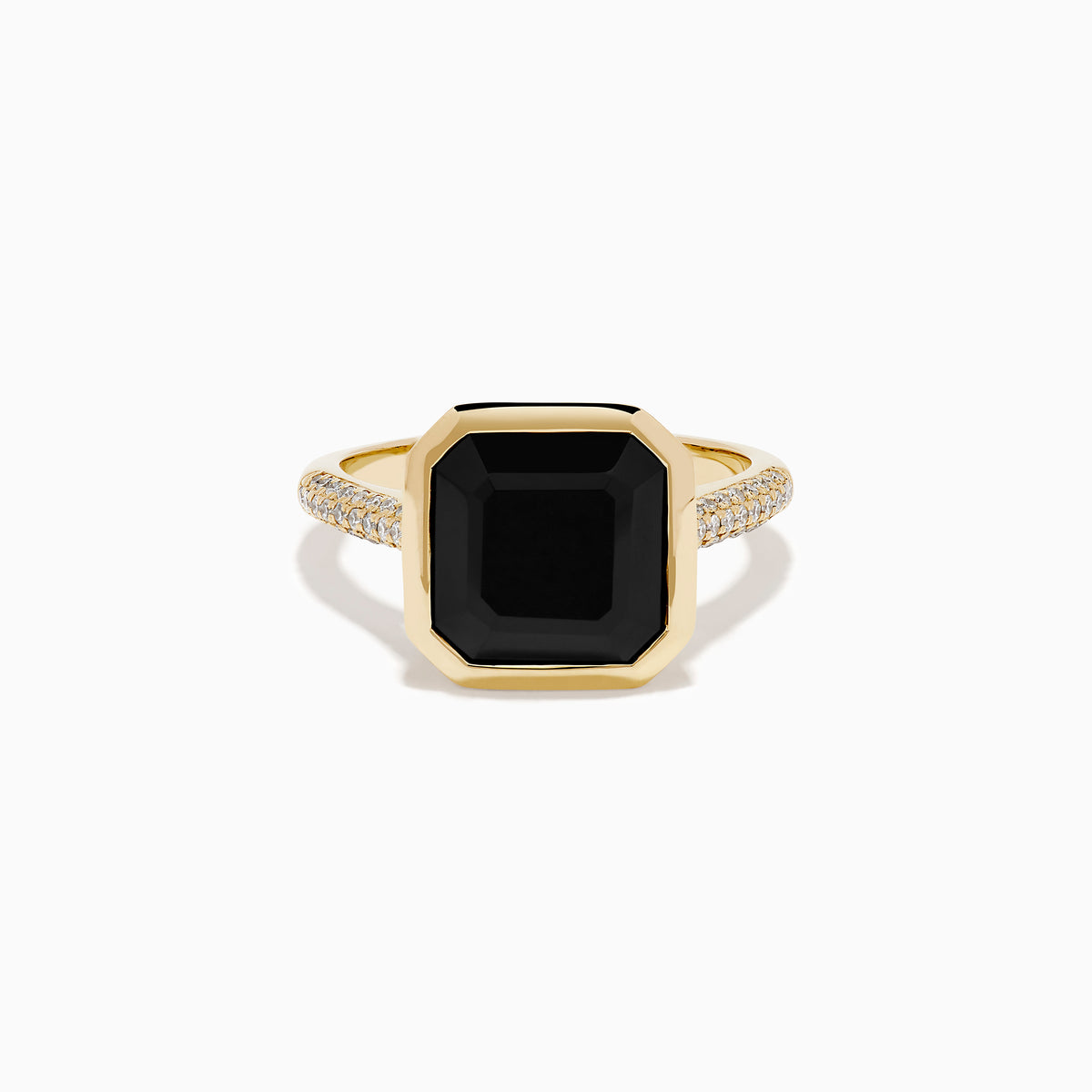 The 14K Yellow Gold Bezel Set Black Onyx and Diamond Ring features a bold square-cut black onyx center stone and sparkling diamonds set along the band.