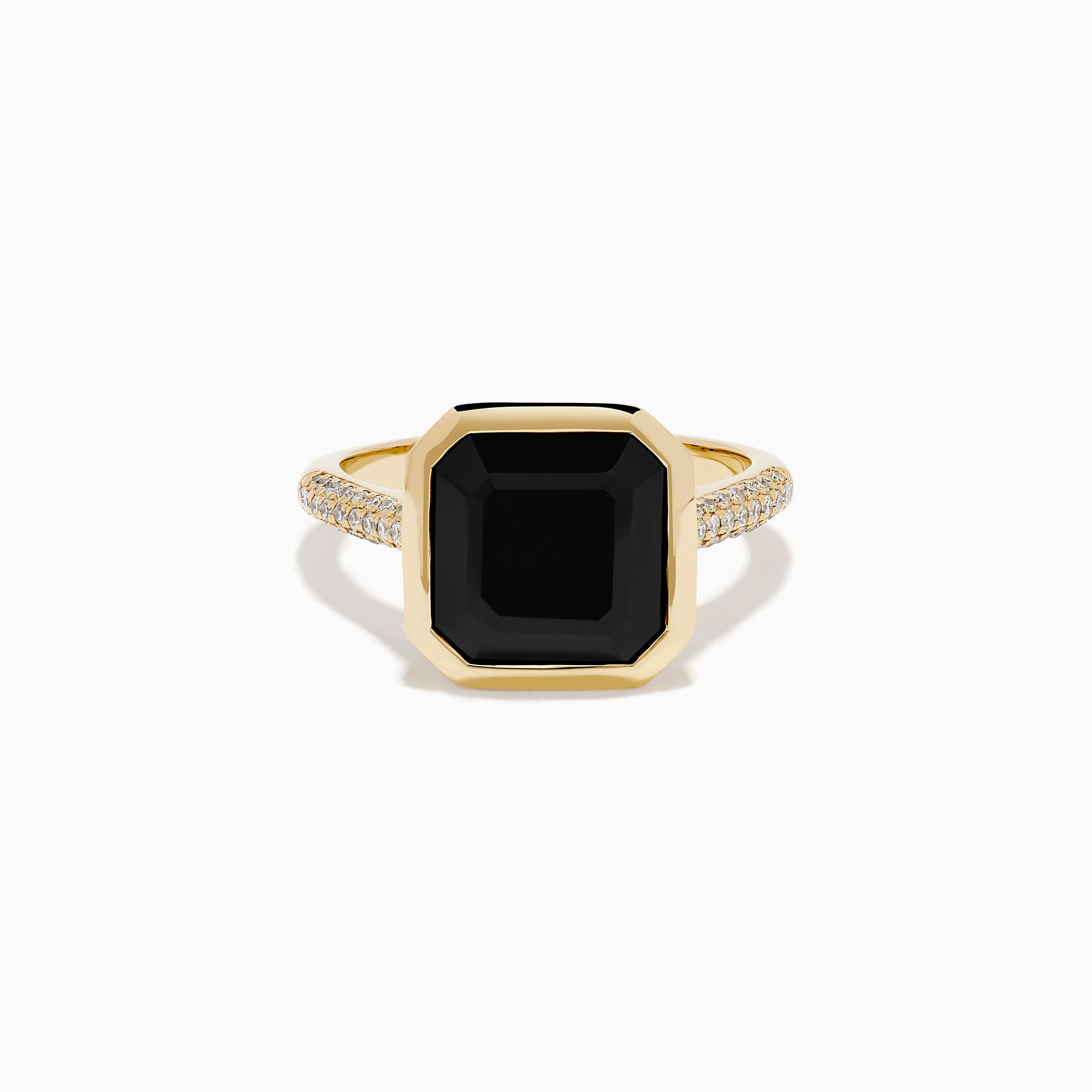 The 14K Yellow Gold Bezel Set Black Onyx and Diamond Ring features a bold square-cut black onyx center stone and sparkling diamonds set along the band.