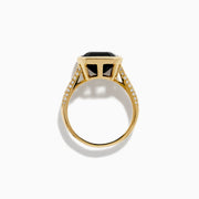 The 14K Yellow Gold Bezel Set Black Onyx and Diamond Ring features a bold square-cut black onyx center stone and sparkling diamonds set along the band.