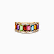 The Mosaic 14K Yellow Gold Multi Gemstone and Diamond Ring showcases a row of rectangular, multicolored gemstones bordered by sparkling diamonds, all set in polished yellow gold.
