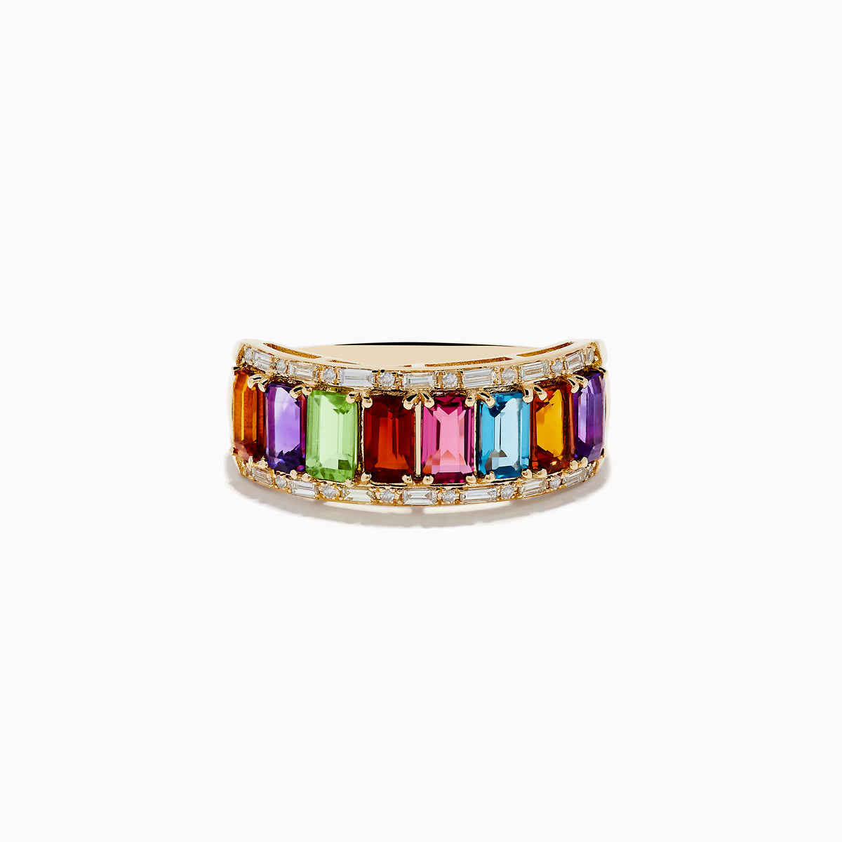 The Mosaic 14K Yellow Gold Multi Gemstone and Diamond Ring showcases a row of rectangular, multicolored gemstones bordered by sparkling diamonds, all set in polished yellow gold.