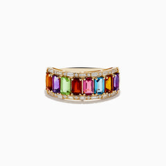 The Mosaic 14K Yellow Gold Multi Gemstone and Diamond Ring showcases a row of rectangular, multicolored gemstones bordered by sparkling diamonds, all set in polished yellow gold.