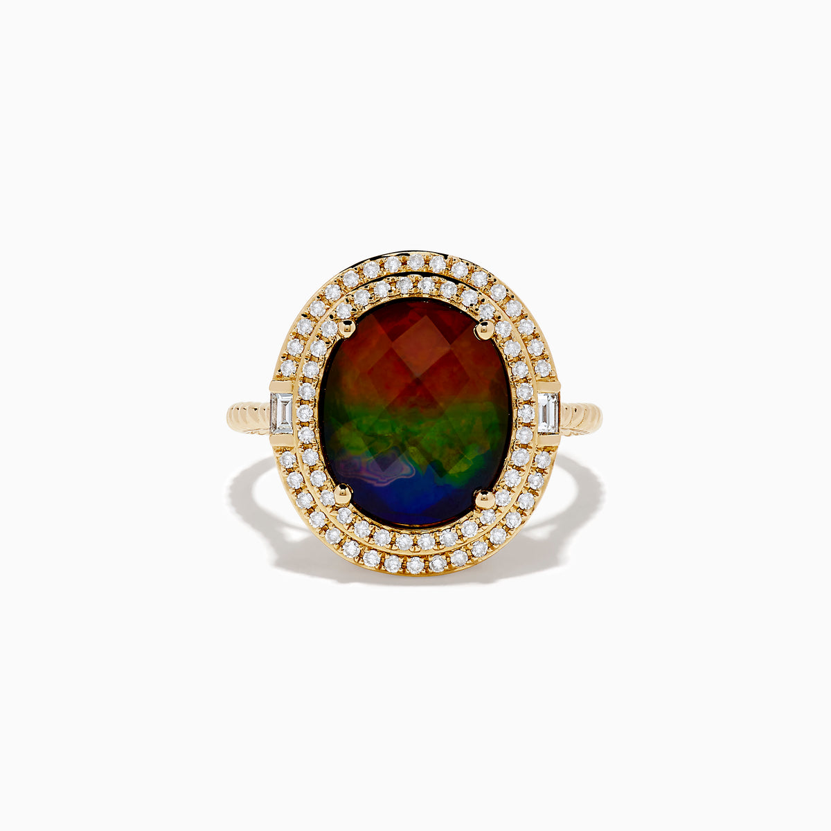 The 14K Yellow Gold Ammolite and Diamond Ring showcases a large oval ammolite center stone, encircled by two halos of sparkling white diamonds, all set in polished yellow gold.