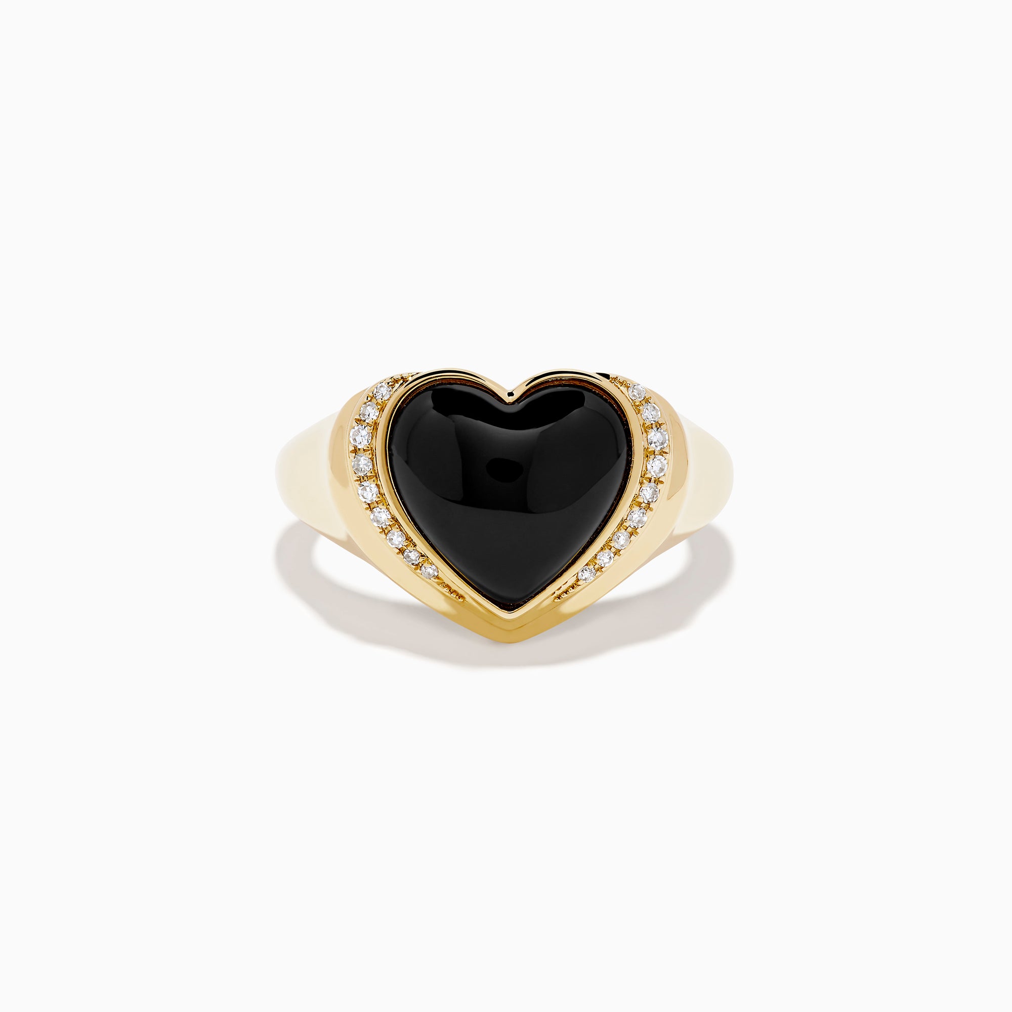 The 14K Yellow Gold Onyx and Diamond Heart Ring features a heart-shaped black onyx centerpiece bordered by sparkling diamonds, creating a romantic and elegant look.