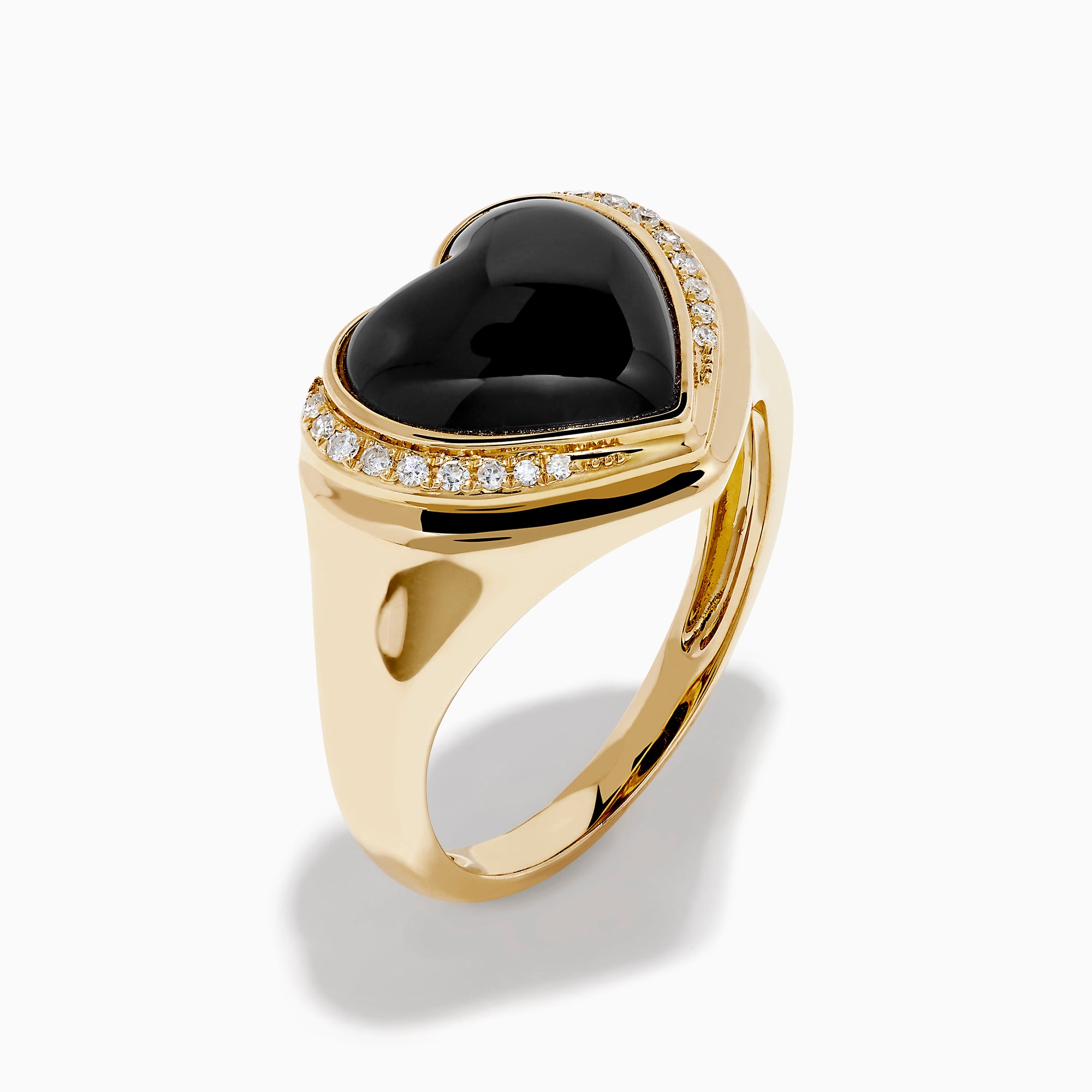 The 14K Yellow Gold Onyx and Diamond Heart Ring features a heart-shaped black onyx centerpiece bordered by sparkling diamonds, creating a romantic and elegant look.