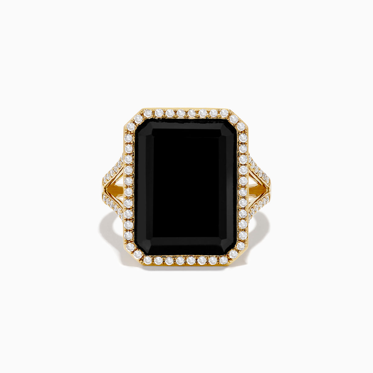 The 14K Yellow Gold Onyx and Diamond Ring showcases a large rectangular onyx bordered by sparkling white diamonds, with extra diamond accents along the elegant split band.