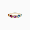 The Mosaic 14K Yellow Gold Multi Color Gemstone and Diamond Ring showcases orange, red, purple, and blue gemstones divided by gold bars with tiny diamonds, all set against a white background.