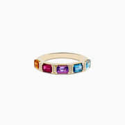 The Mosaic 14K Yellow Gold Multi Color Gemstone and Diamond Ring showcases orange, red, purple, and blue gemstones divided by gold bars with tiny diamonds, all set against a white background.