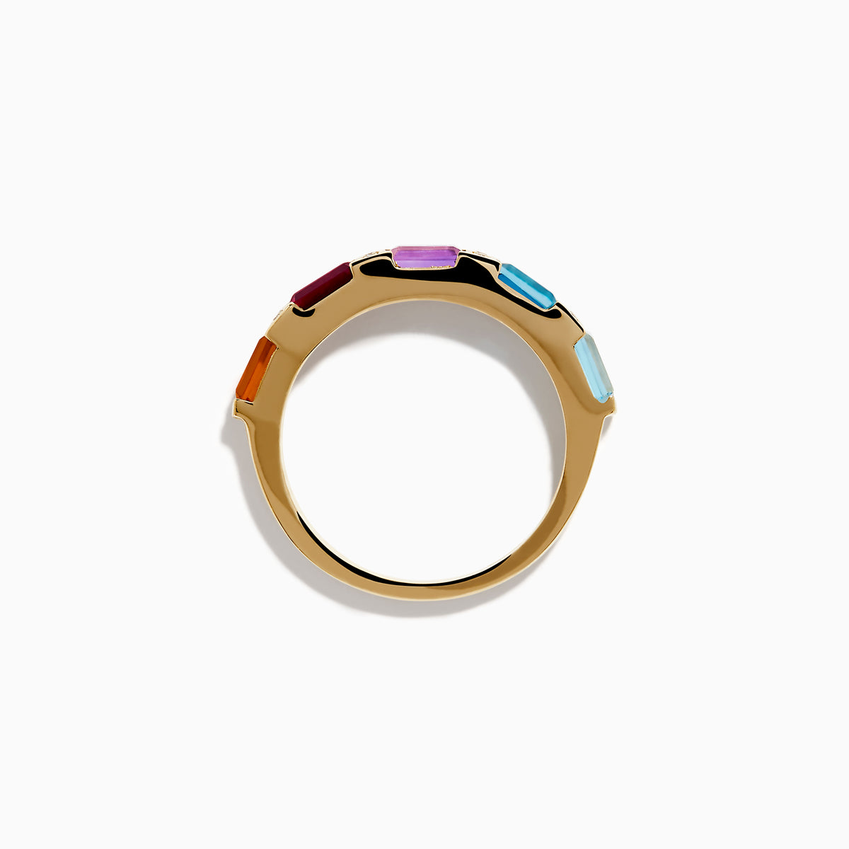 The Mosaic 14K Yellow Gold Multi Color Gemstone and Diamond Ring showcases orange, red, purple, and blue gemstones divided by gold bars with tiny diamonds, all set against a white background.