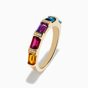The Mosaic 14K Yellow Gold Multi Color Gemstone and Diamond Ring showcases orange, red, purple, and blue gemstones divided by gold bars with tiny diamonds, all set against a white background.