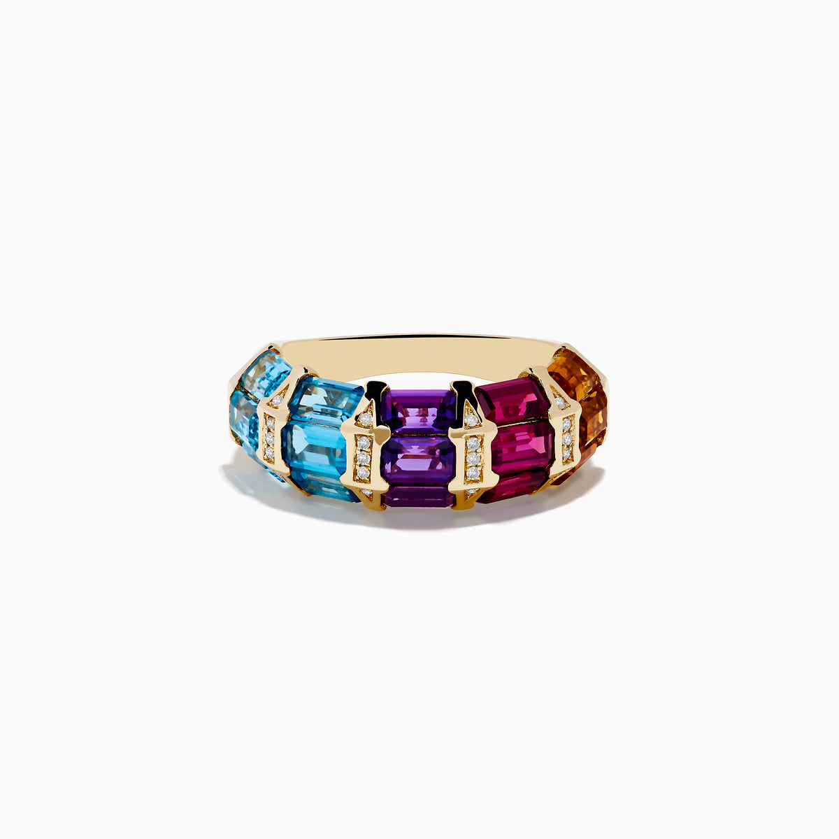 The Mosaic 14K Yellow Gold Multi Color Gemstone and Diamond Ring features rectangular blue, purple, pink, and orange stones separated by vertical diamond rows, shown on a white background.