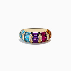 The Mosaic 14K Yellow Gold Multi Color Gemstone and Diamond Ring features rectangular blue, purple, pink, and orange stones separated by vertical diamond rows, shown on a white background.