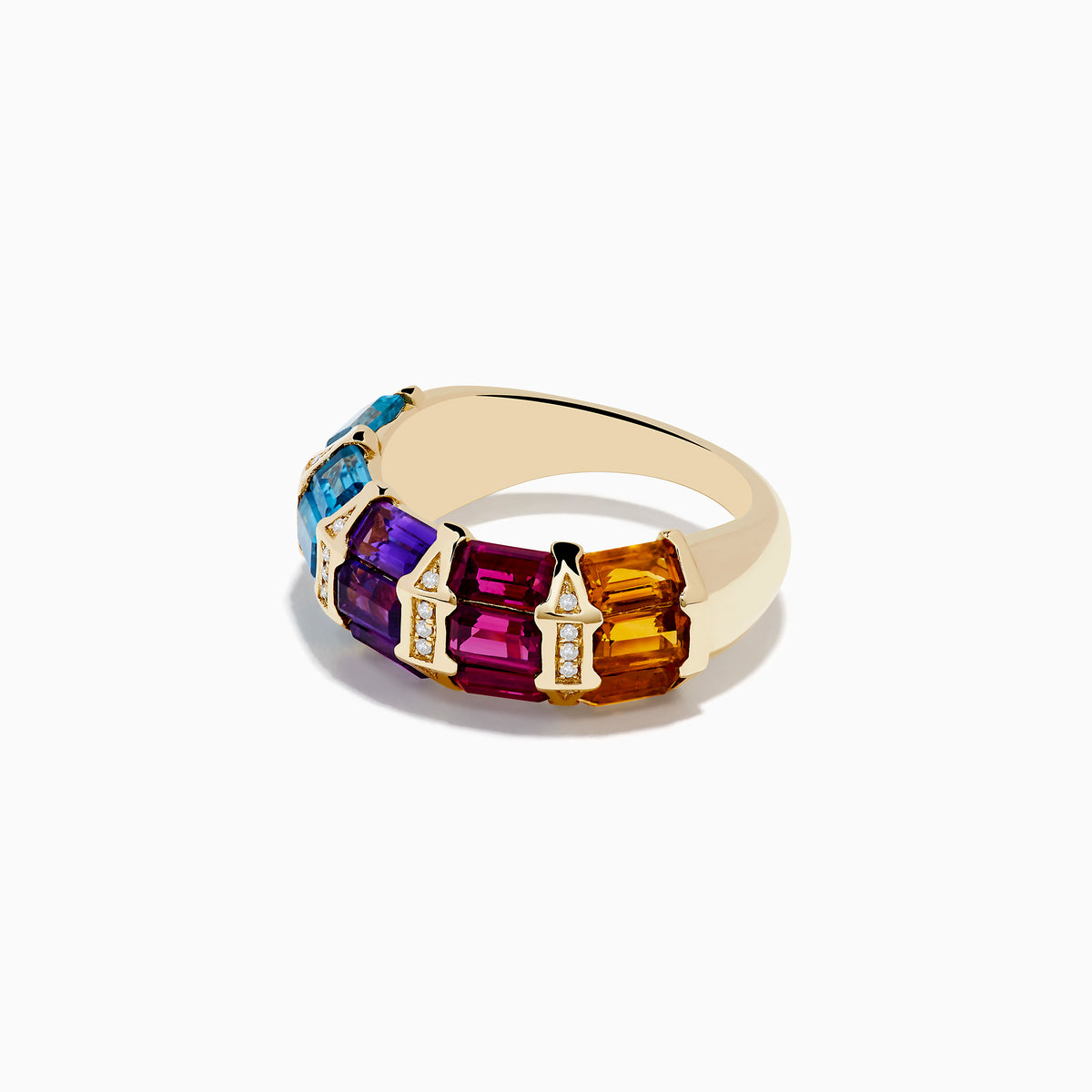 The Mosaic 14K Yellow Gold Multi Color Gemstone and Diamond Ring features rectangular blue, purple, pink, and orange stones separated by vertical diamond rows, shown on a white background.