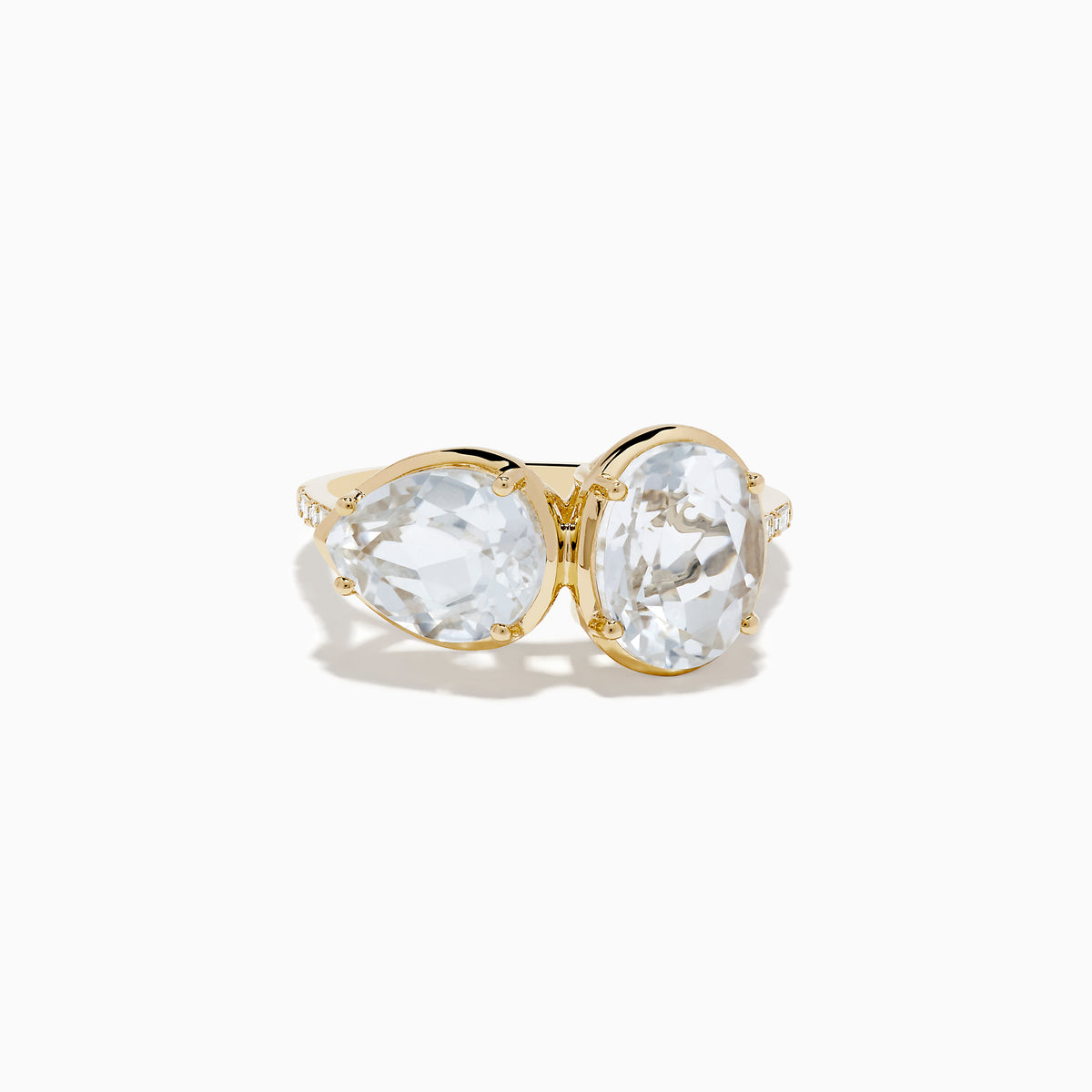 The 14K Yellow Gold White Topaz and Diamond Ring showcases two large, oval-cut white topaz stones set side by side in a minimalist, elegant style on a white background.