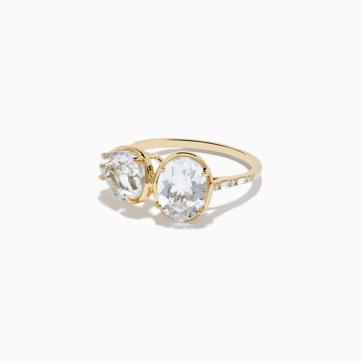 The 14K Yellow Gold White Topaz and Diamond Ring showcases two large, oval-cut white topaz stones set side by side in a minimalist, elegant style on a white background.
