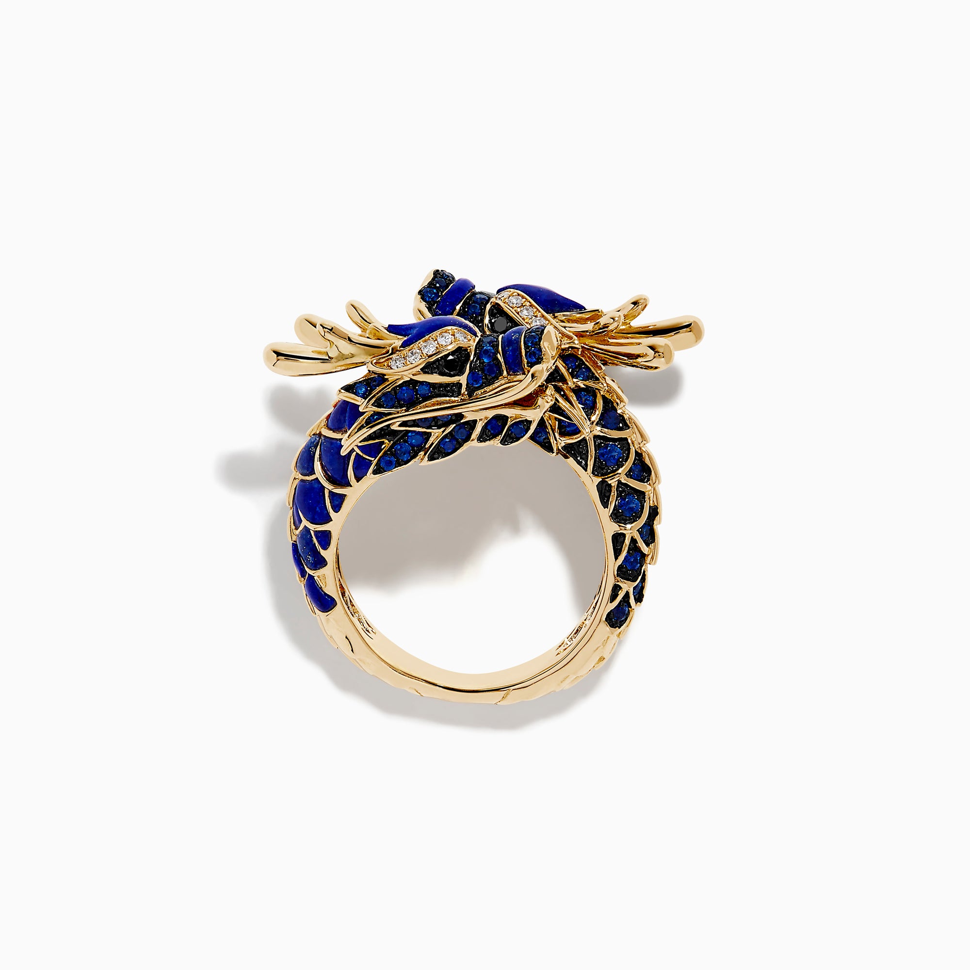 The Safari 14K Yellow Gold Diamond, Lapis and Sapphire Dragon Ring, shaped as a dragon’s head and body, features blue enamel scales and sparkling gemstones, evoking the fierce beauty of a sapphire dragon ring on a white background.