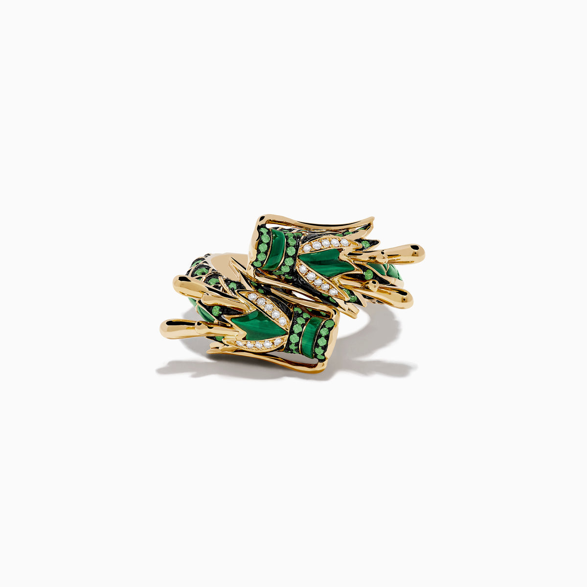 The 14K Yellow Gold Malachite Tsavorite and Diamond Dragon Ring features a coiled dragon adorned with malachite, green tsavorites, black gemstones, and small white diamonds, shown on a plain white background.