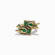 The 14K Yellow Gold Malachite Tsavorite and Diamond Dragon Ring features a coiled dragon adorned with malachite, green tsavorites, black gemstones, and small white diamonds, shown on a plain white background.