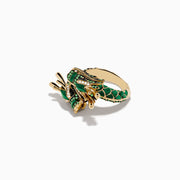 The 14K Yellow Gold Malachite Tsavorite and Diamond Dragon Ring features a coiled dragon adorned with malachite, green tsavorites, black gemstones, and small white diamonds, shown on a plain white background.