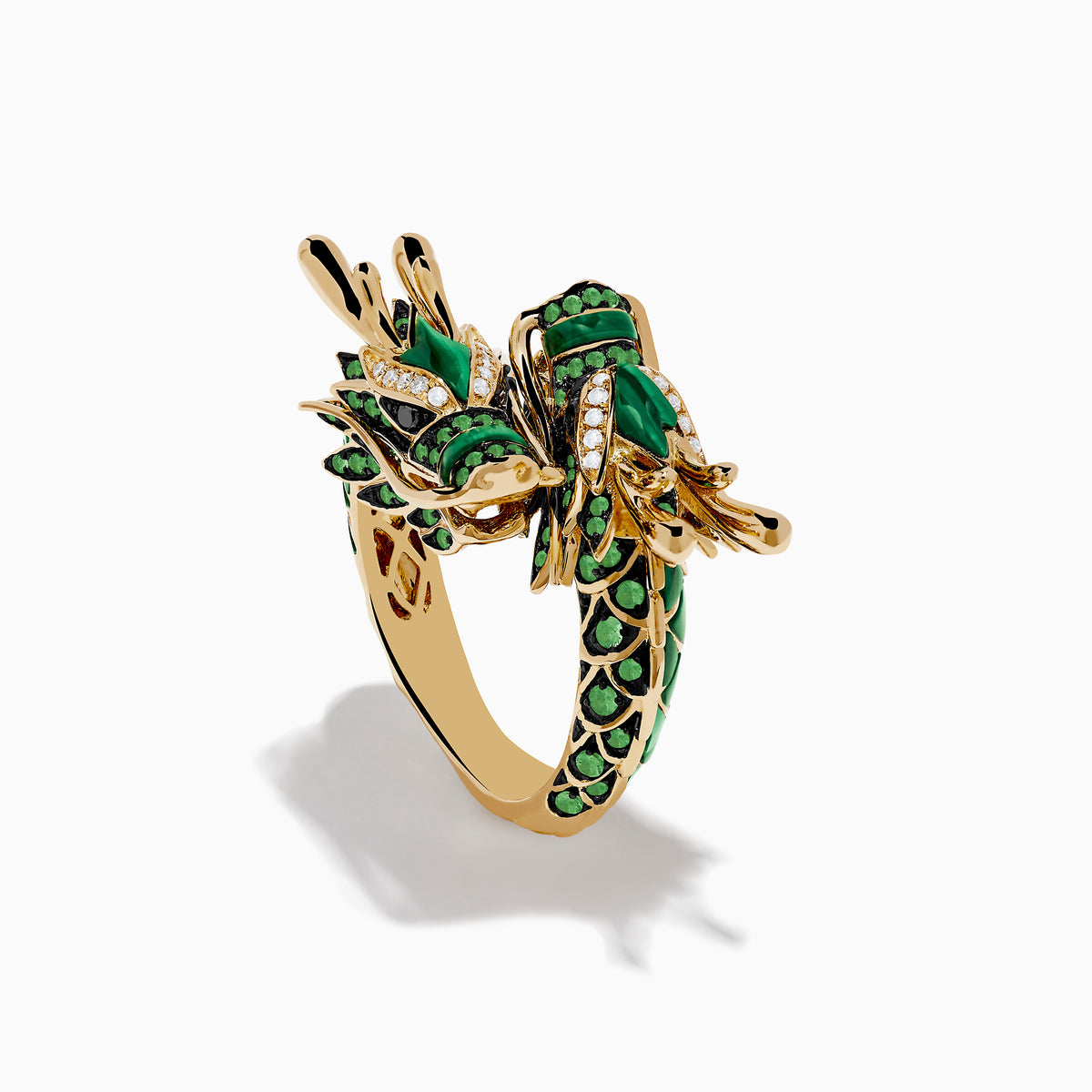 The 14K Yellow Gold Malachite Tsavorite and Diamond Dragon Ring features a coiled dragon adorned with malachite, green tsavorites, black gemstones, and small white diamonds, shown on a plain white background.