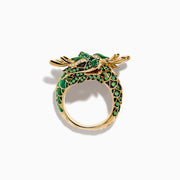 The 14K Yellow Gold Malachite Tsavorite and Diamond Dragon Ring features a coiled dragon adorned with malachite, green tsavorites, black gemstones, and small white diamonds, shown on a plain white background.
