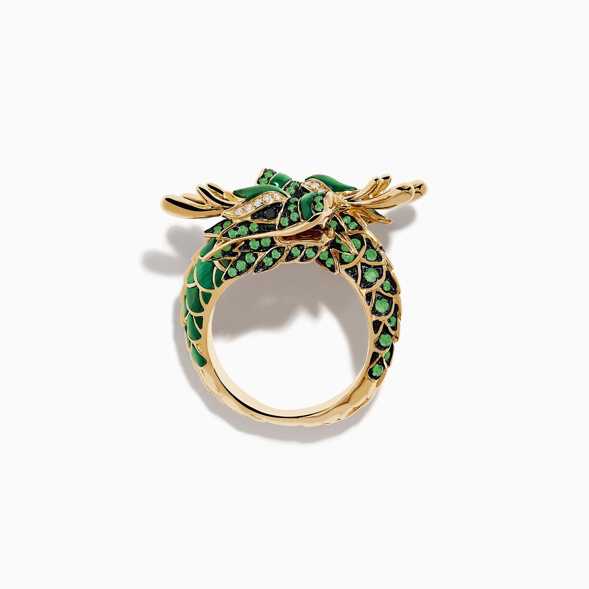 The 14K Yellow Gold Malachite Tsavorite and Diamond Dragon Ring features a coiled dragon adorned with malachite, green tsavorites, black gemstones, and small white diamonds, shown on a plain white background.