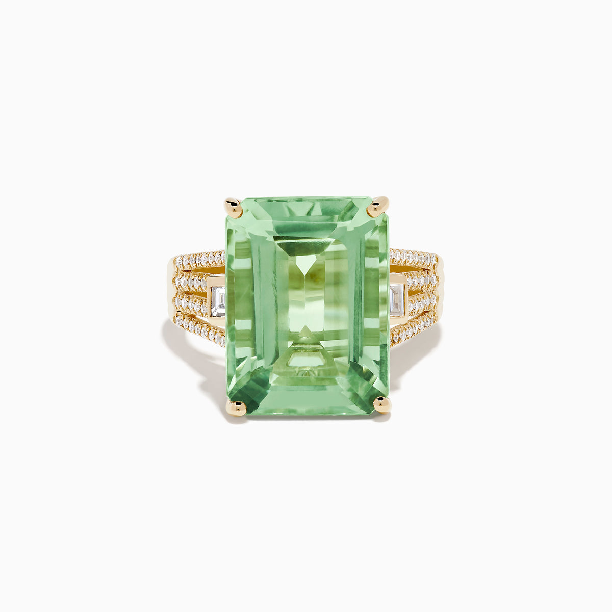 The 14K Yellow Gold Green Amethyst and Diamond Ring showcases a large rectangular green amethyst at the center, with smaller diamonds on the sides and pave-set diamond accents along the band.