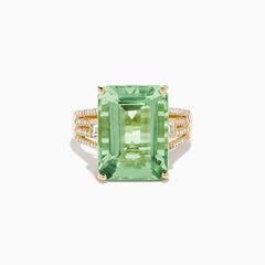 The 14K Yellow Gold Green Amethyst and Diamond Ring showcases a large rectangular green amethyst at the center, with smaller diamonds on the sides and pave-set diamond accents along the band.