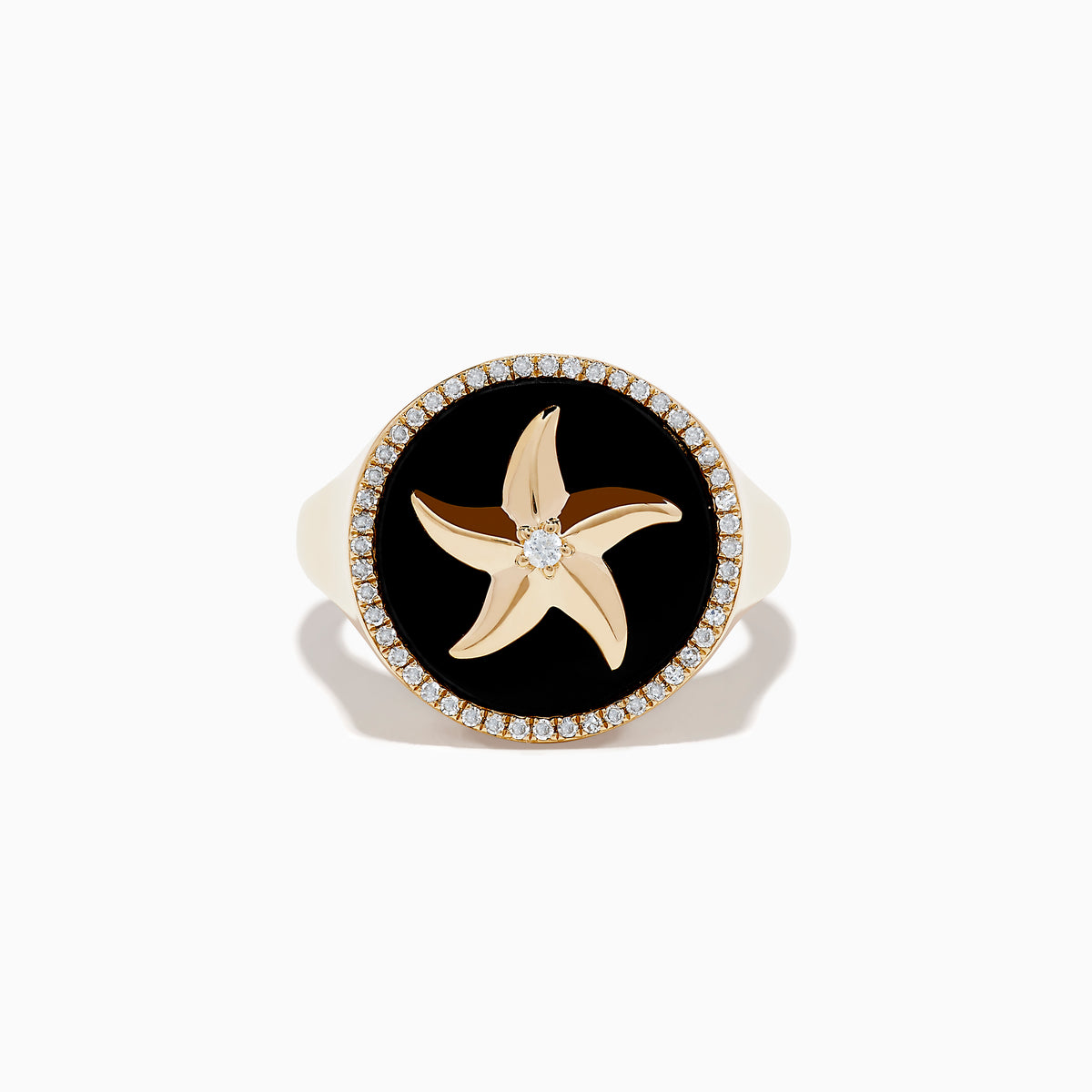 The Seaside 14K Yellow Gold Black Agate and Diamond Starfish Ring features a round black agate face, a gold starfish with a central diamond, and a border of small diamonds on the edge.