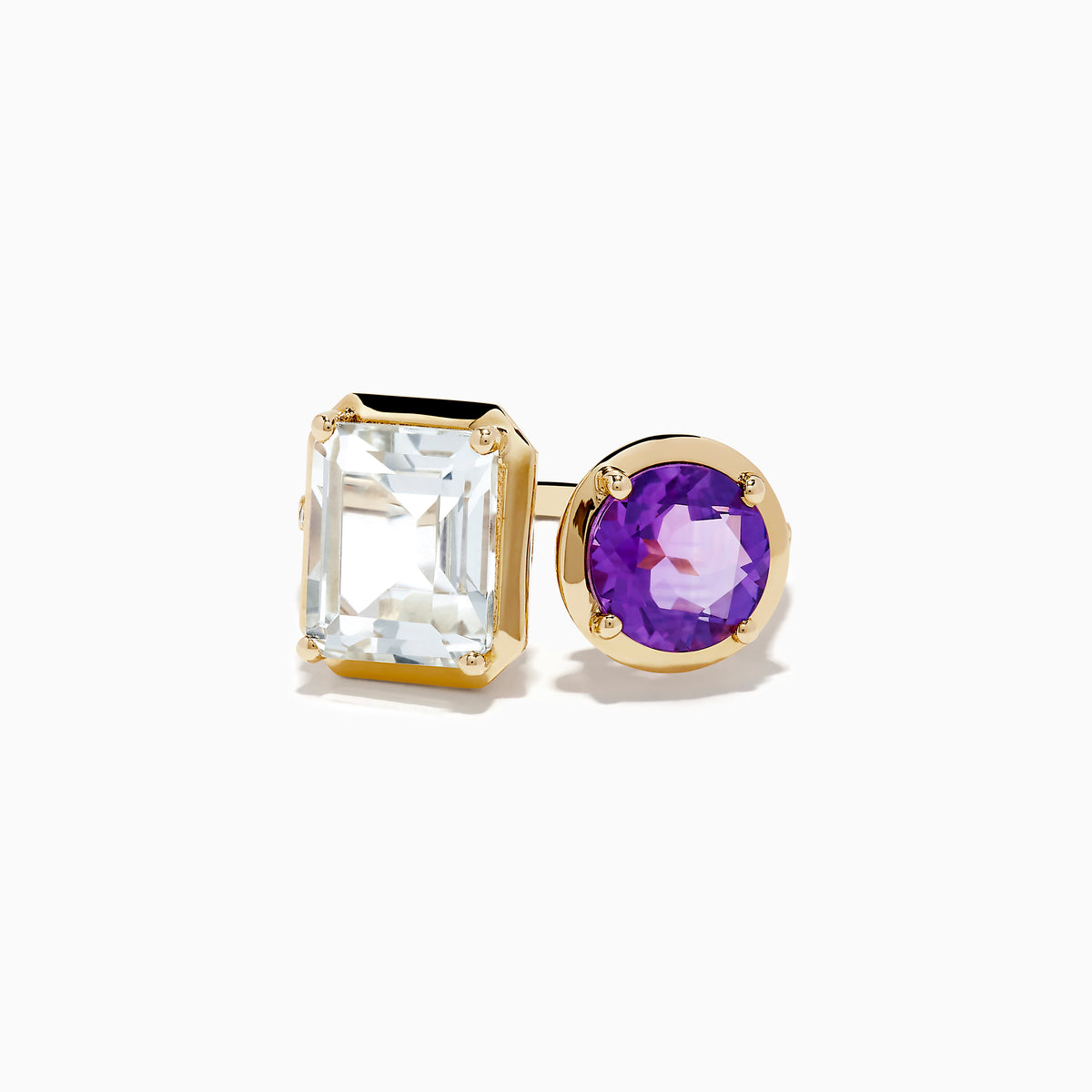 A 14k yellow gold Toi Et Moi ring featuring a large rectangular white topaz and a round amethyst, both in prong settings.