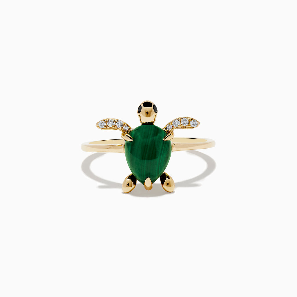 The Seaside 14K Yellow Gold Malachite and Diamond Turtle Ring features a malachite shell and diamond-accented front flippers, beautifully displayed against a plain white background.