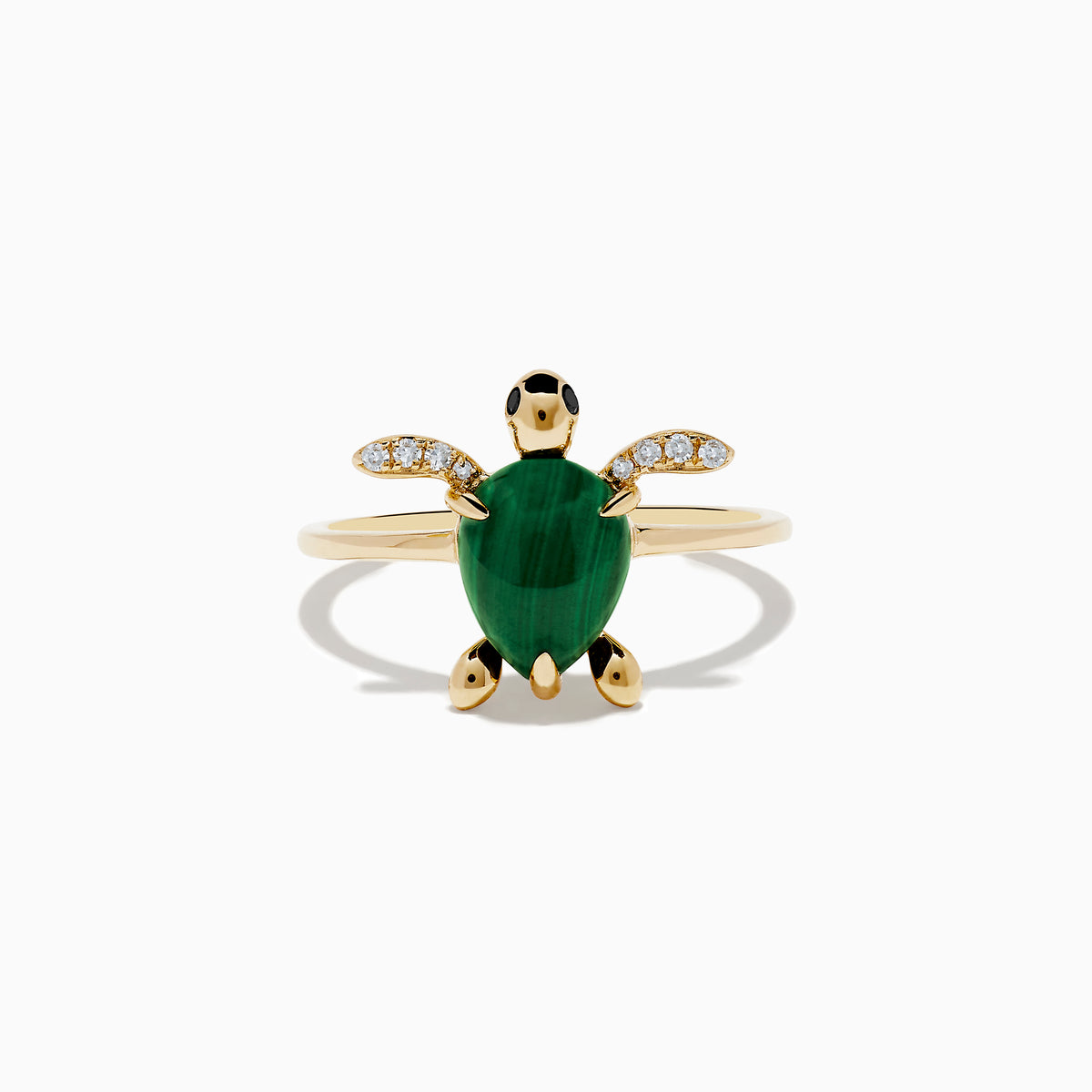 The Seaside 14K Yellow Gold Malachite and Diamond Turtle Ring features a malachite shell and diamond-accented front flippers, beautifully displayed against a plain white background.