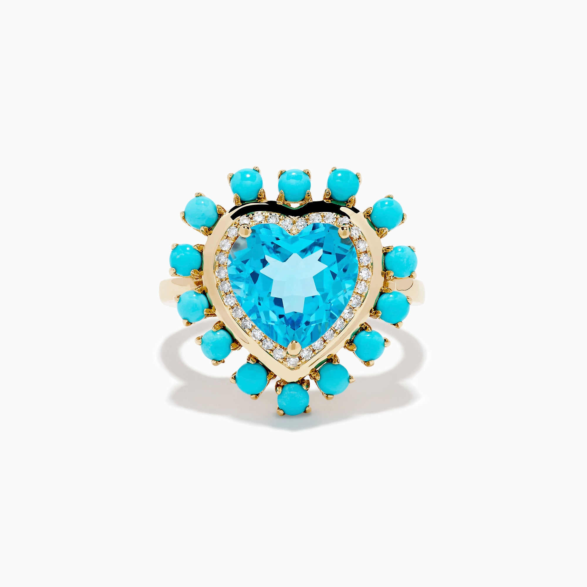 The 14K Yellow Gold Blue Topaz, Turquoise and Diamond Heart Cocktail Ring features a striking heart-shaped blue topaz center, surrounded by a halo of diamonds and an outer border of vibrant round turquoise stones.