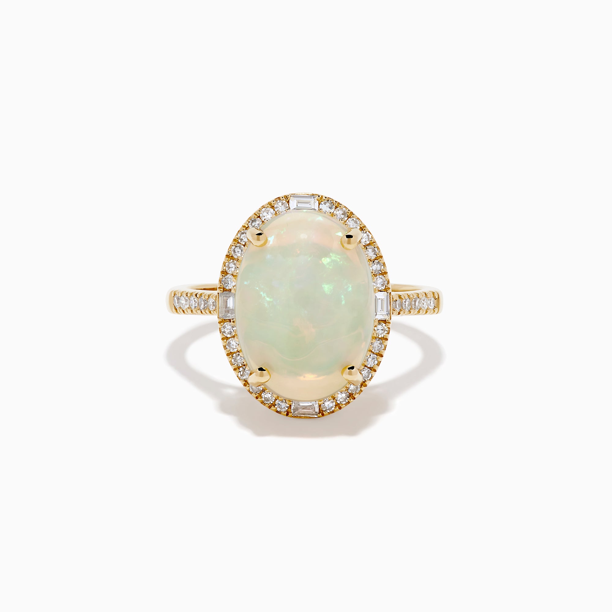 The 14K Yellow Gold Opal and Diamond Halo Cocktail Ring showcases an oval opal centerpiece encircled by a shimmering diamond halo, set against a white background.