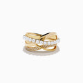 The 14K Yellow Gold Fresh Water Pearl and Diamond Criss Cross Ring features intertwined bands, one set with pearls and another with sparkling diamonds, for a layered and elegant look.