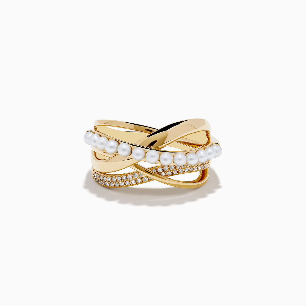 The 14K Yellow Gold Fresh Water Pearl and Diamond Criss Cross Ring features intertwined bands, one set with pearls and another with sparkling diamonds, for a layered and elegant look.