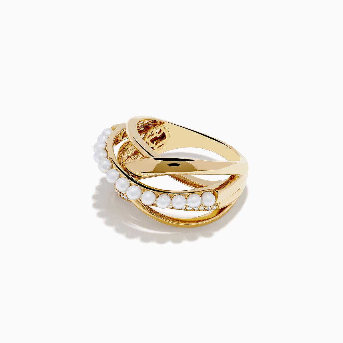 The 14K Yellow Gold Fresh Water Pearl and Diamond Criss Cross Ring features intertwined bands, one set with pearls and another with sparkling diamonds, for a layered and elegant look.