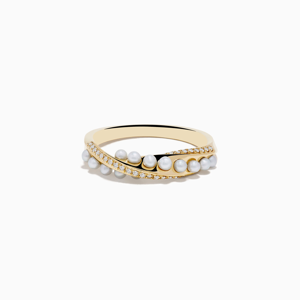 A 14K yellow gold ring with a diagonal row of small fresh water pearls and a parallel line of tiny diamonds, shown on a plain white background.