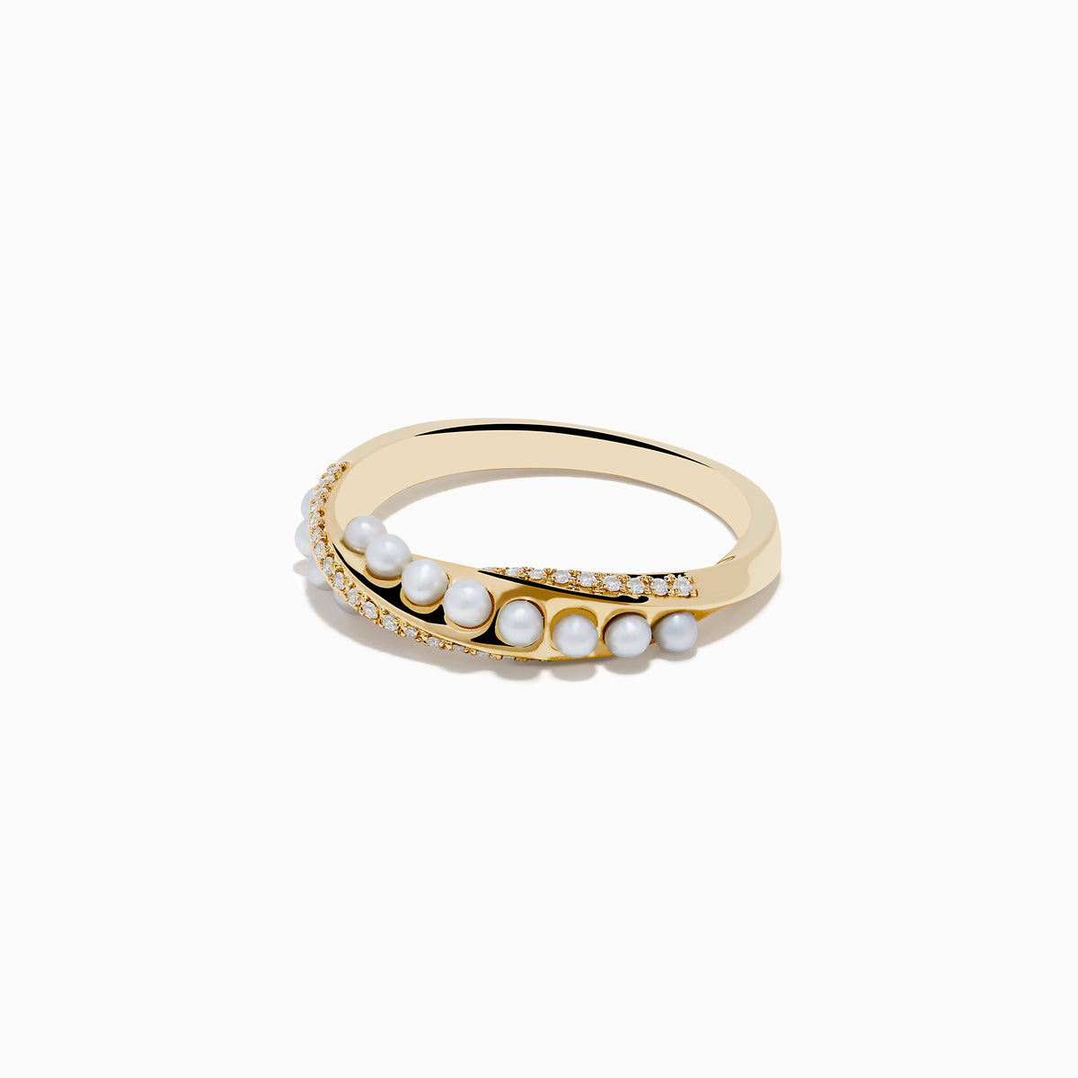 A 14K yellow gold ring with a diagonal row of small fresh water pearls and a parallel line of tiny diamonds, shown on a plain white background.