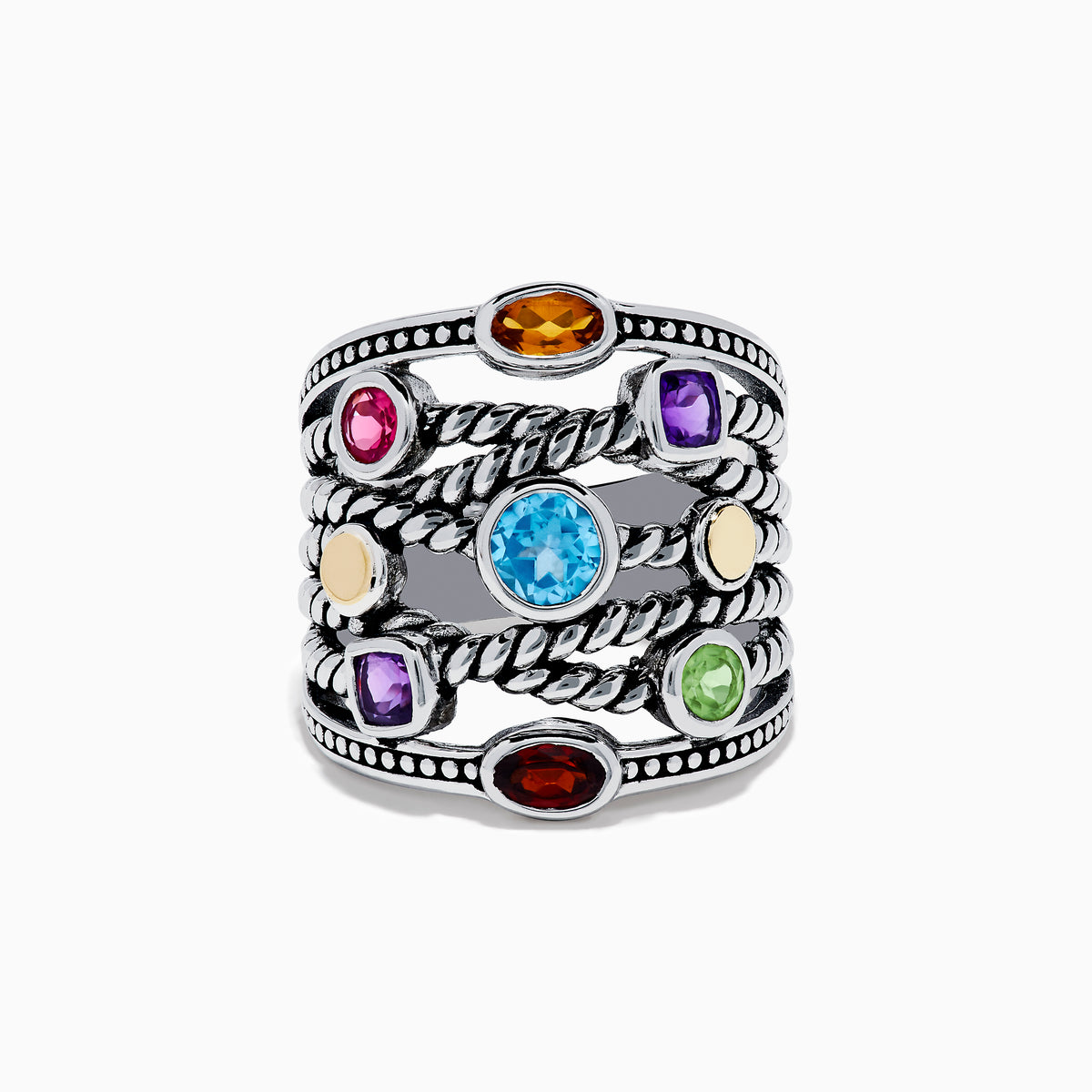 The Mosaic 925 Sterling Silver & 18K Yellow Gold Multi Color Gemstone Ring features twisted rope-style bands and seven bezel-set gemstones—blue, red, orange, yellow, purple, and green—encircling the wide ring.