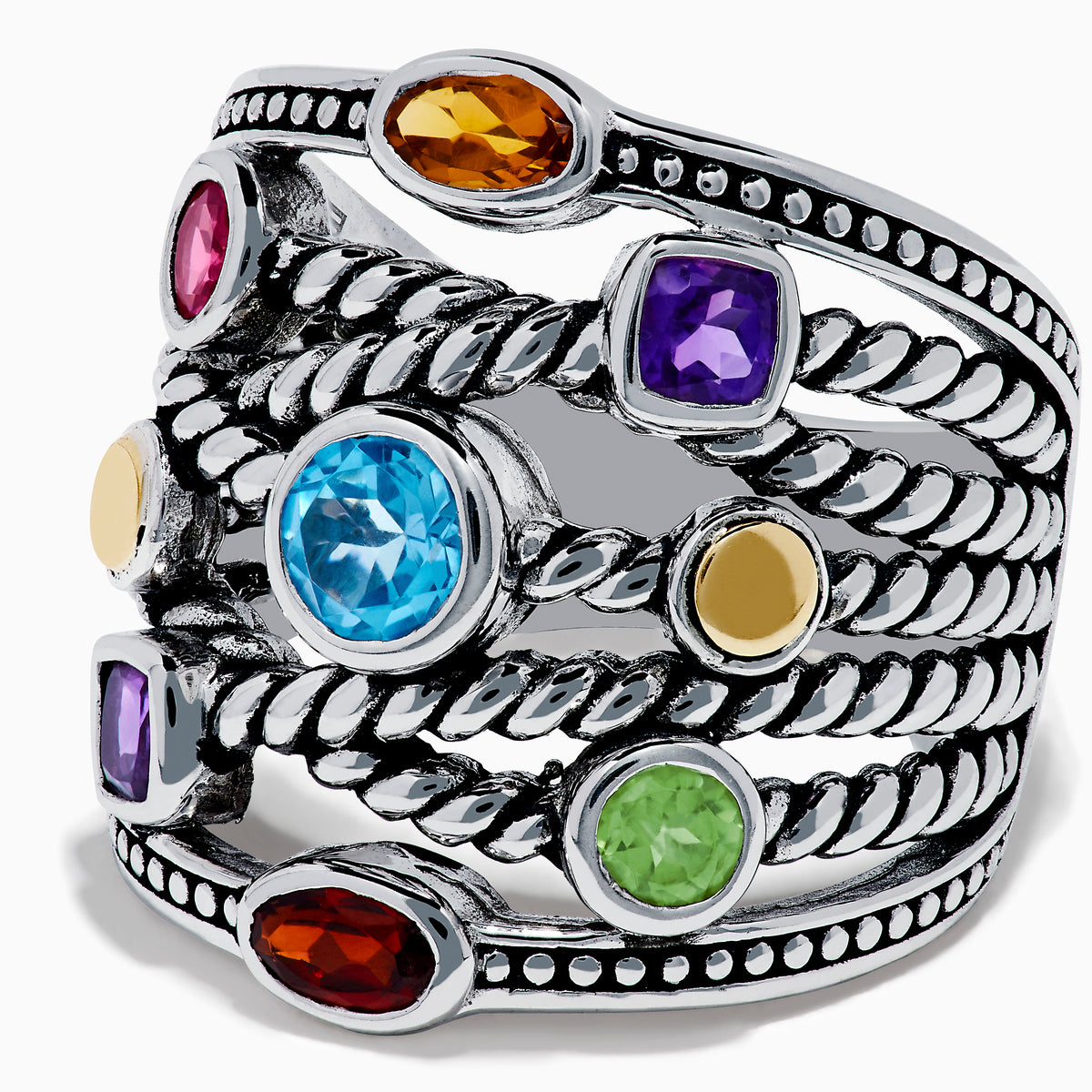 The Mosaic 925 Sterling Silver & 18K Yellow Gold Multi Color Gemstone Ring features twisted rope-style bands and seven bezel-set gemstones—blue, red, orange, yellow, purple, and green—encircling the wide ring.