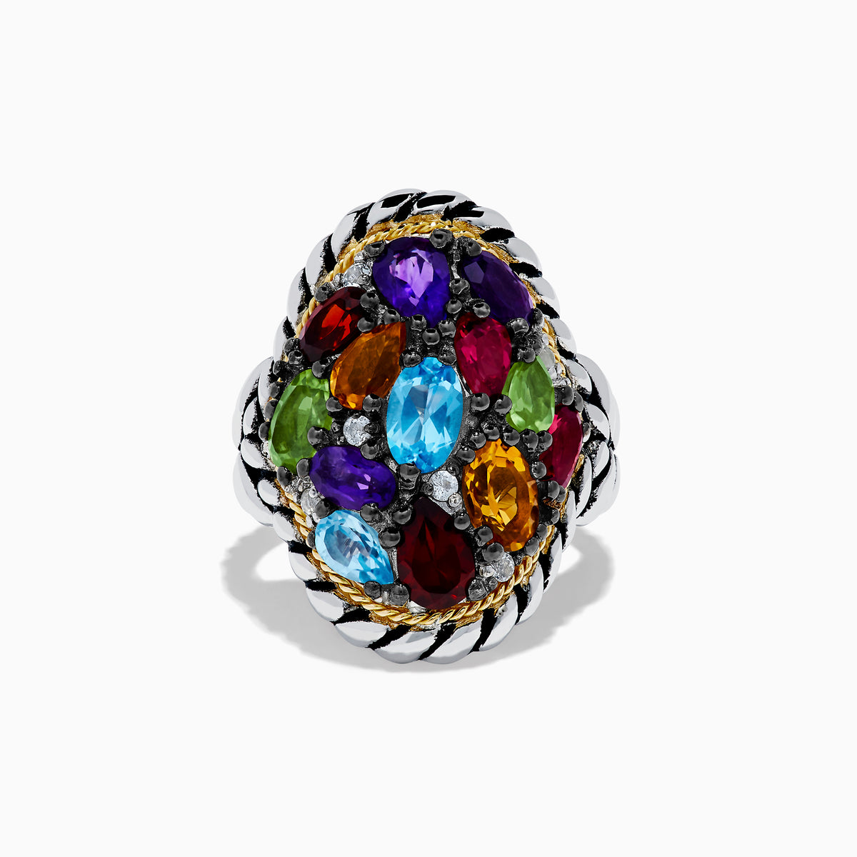 The Mosaic 925 Sterling Silver & 18K Yellow Gold Multi Color Gemstone Ring features vibrant blue, red, orange, purple, and green gems in a twisted rope design with an elegant 18K yellow gold rope border.